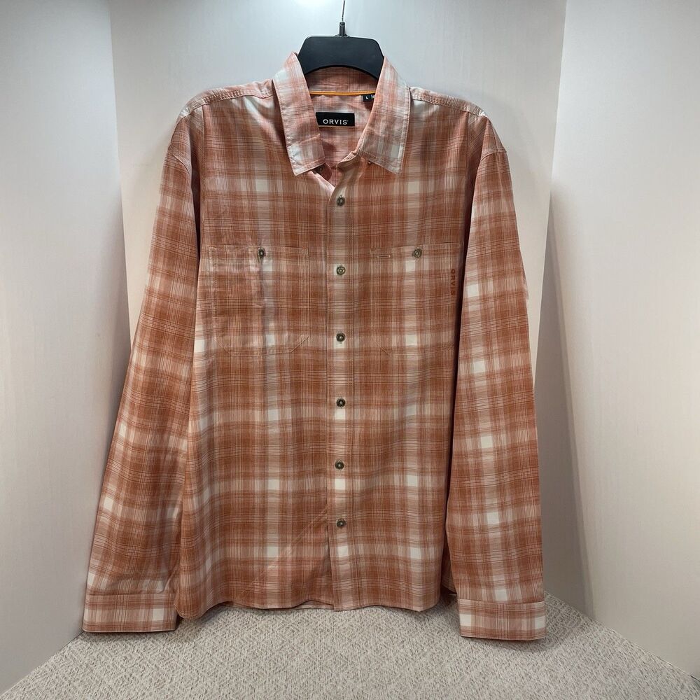 Orvis Mens L Long Sleeve Orange Plaid Outdoor Hiking Fishing Shirt